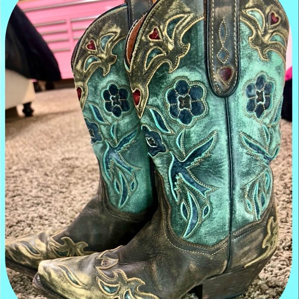 Dan Post Turquoise and Brown Blue Bird boots
